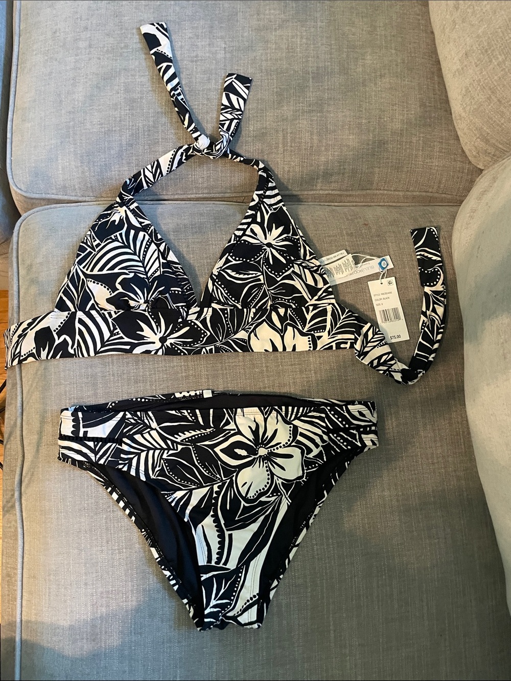 Bleu Rod Beattie Black and White Floral Halter Bikini Set